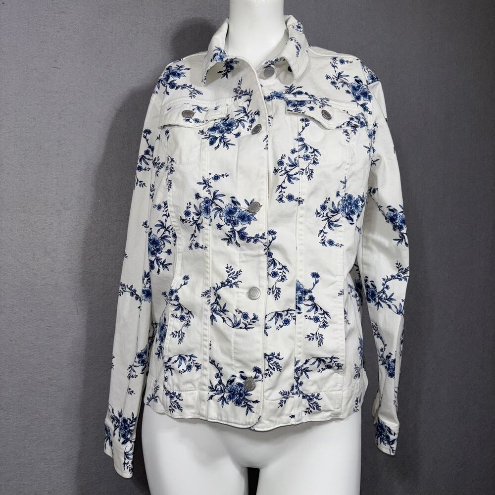 Croft Barrow Button Front Cotton Blend Jacket White Blue Medium Floral Feminine